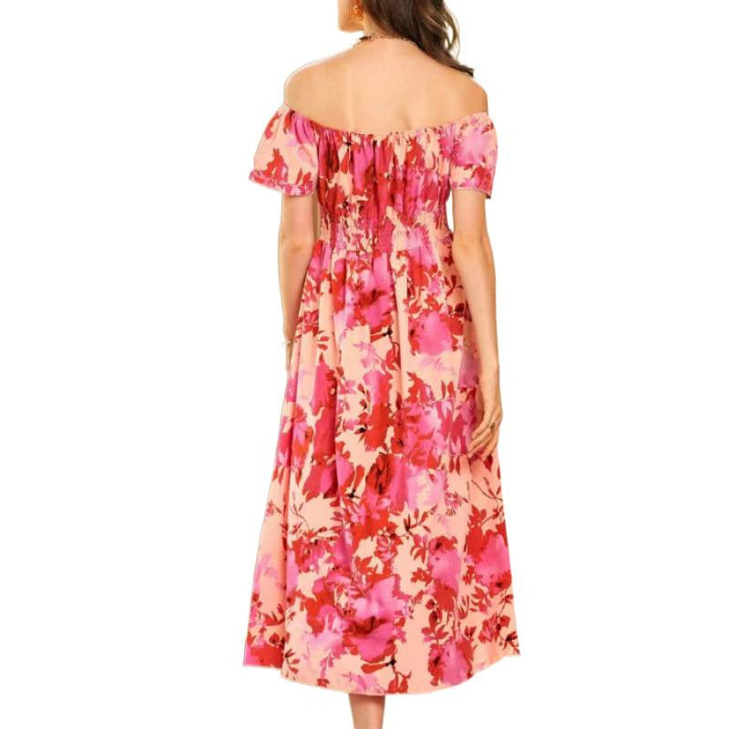 Dame Off-Shoulder Midi Kjole i floral design med elastisk overdel og voluminøs nederdel Skovae