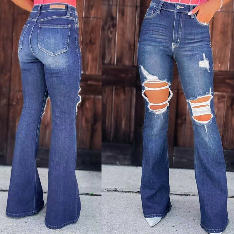 Kvinders Flared Jeans i Ødelagt Udseende med Høje Lommer og Frayed Kant Stilla
