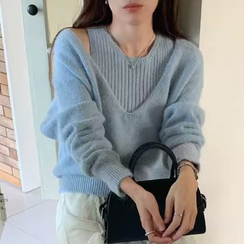Dame sweater med dyb V-hals og fin rib struktur Stilla