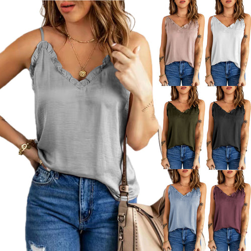 Dame Overskåret V-hals Top med Flæsedetaljer Stilla