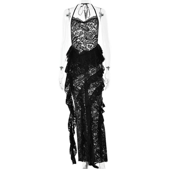 Damen verführerisches Spitzenkleid mit asymmetrischem Saum und Rüschendetails Skovae