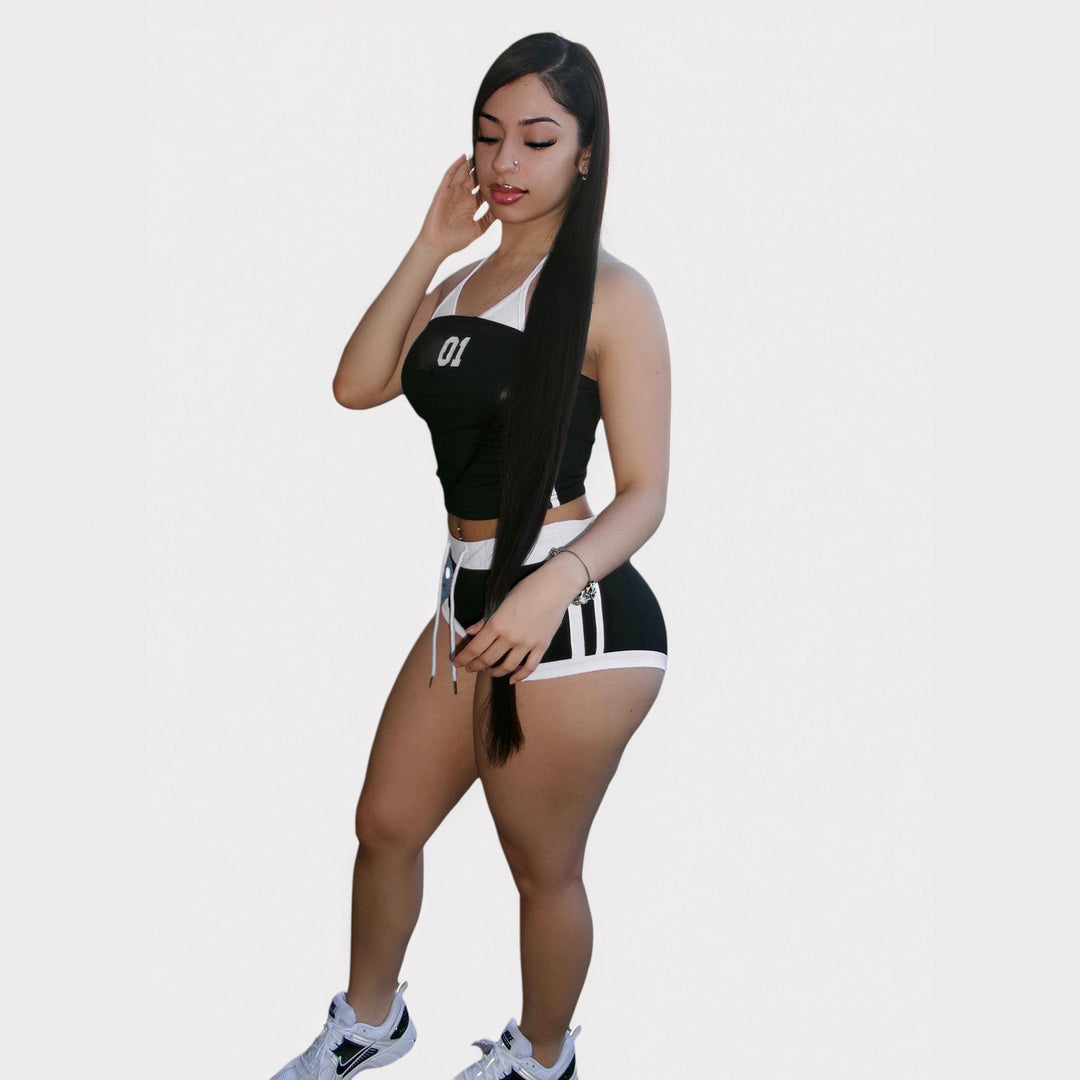 Dame sporty Crop-Top og shorts sæt med dekorerende bånd Skovae