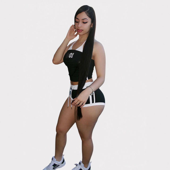 Dame sporty Crop-Top og shorts sæt med dekorerende bånd Skovae