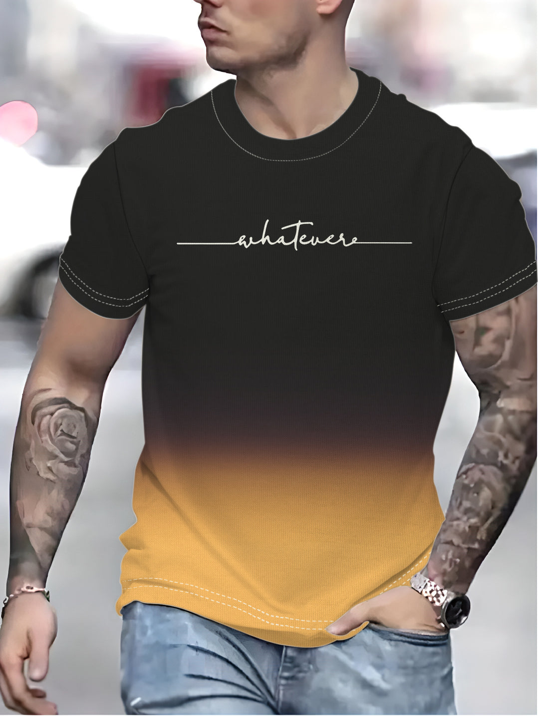 Herrer T-shirt med kreativ inskrift og moderne farvegradient Stilla