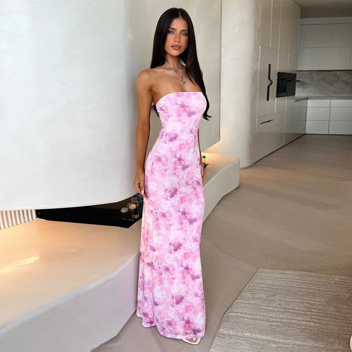 Dame elegant strapless maxikjole med blomstermønster og tætsiddende silhuet Skovae