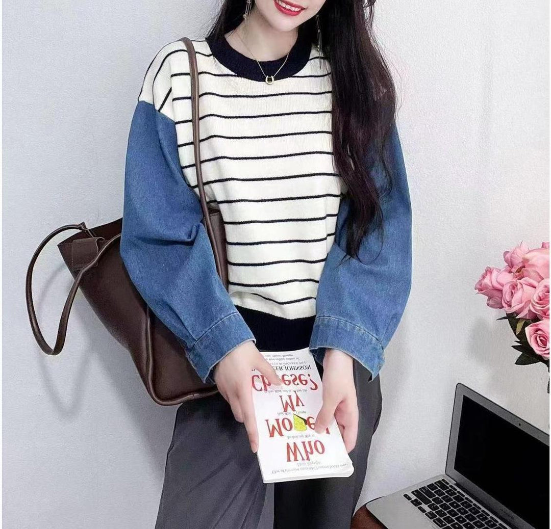 Dame mode sweater med denim ærmer Stilla