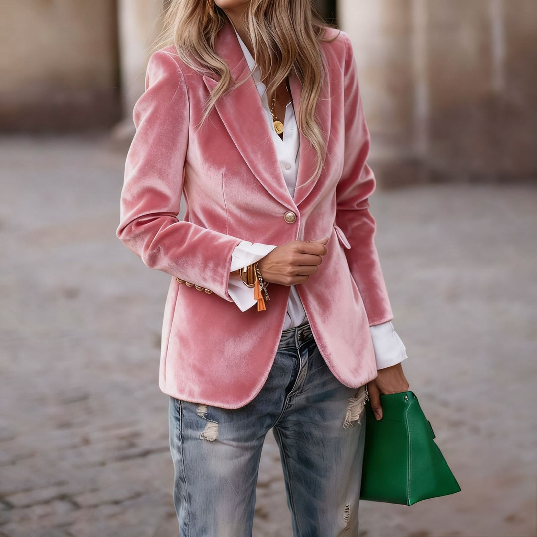 Damer Elegant Fløjl Blazer med Skræddersyet Pasform og Guld Knapper Stilla