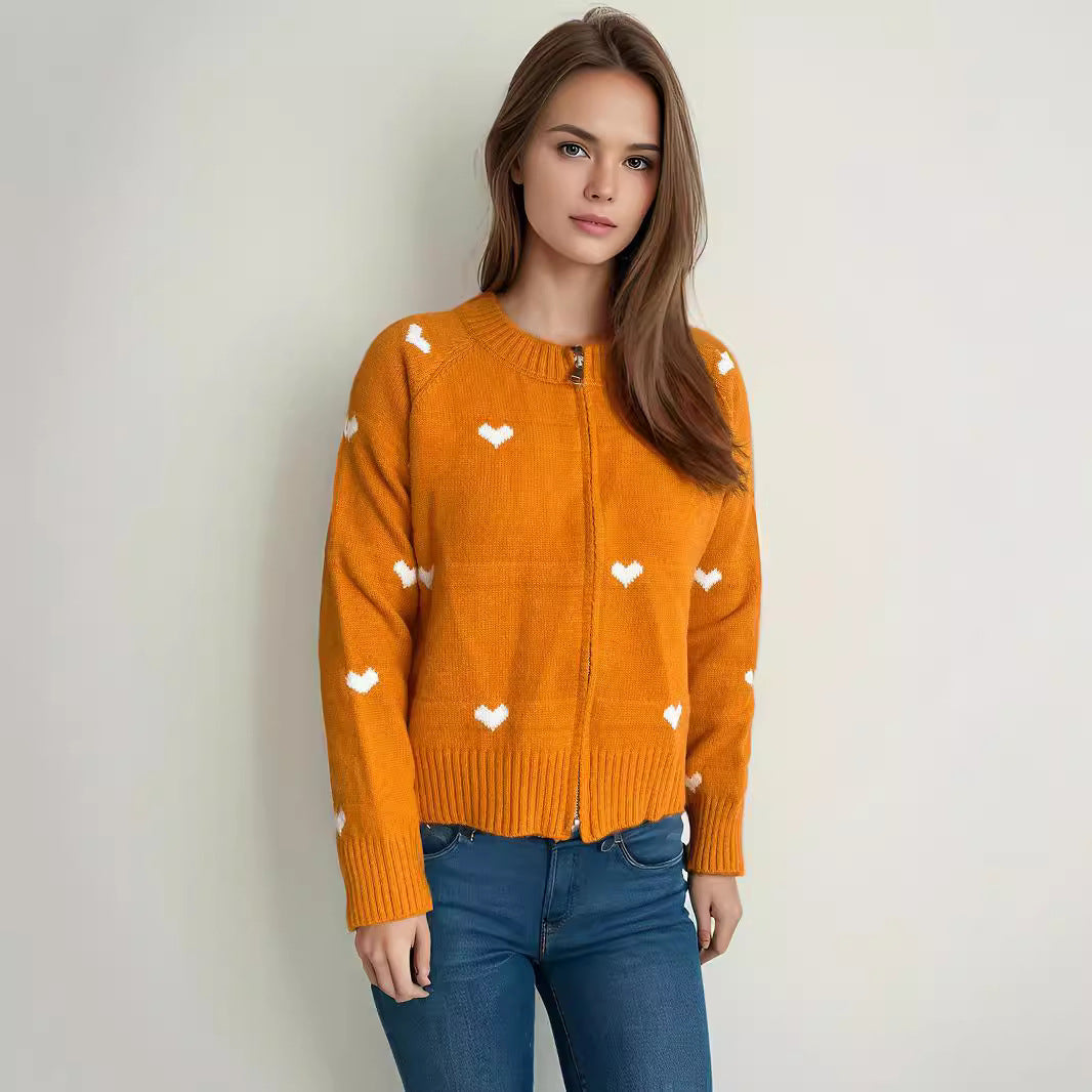 Dame modernekstrik cardigan med hjerte mønster og lynlås Stilla