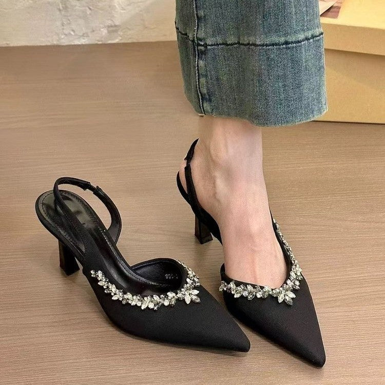 Dame Elegant Spids Tå Slingback Hæle med Strass Detaljer Stilla