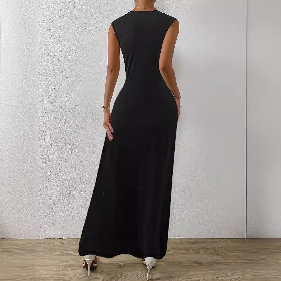 Dame Elegant Maxikjole med raffineret Drapering og Rundhalset Stilla