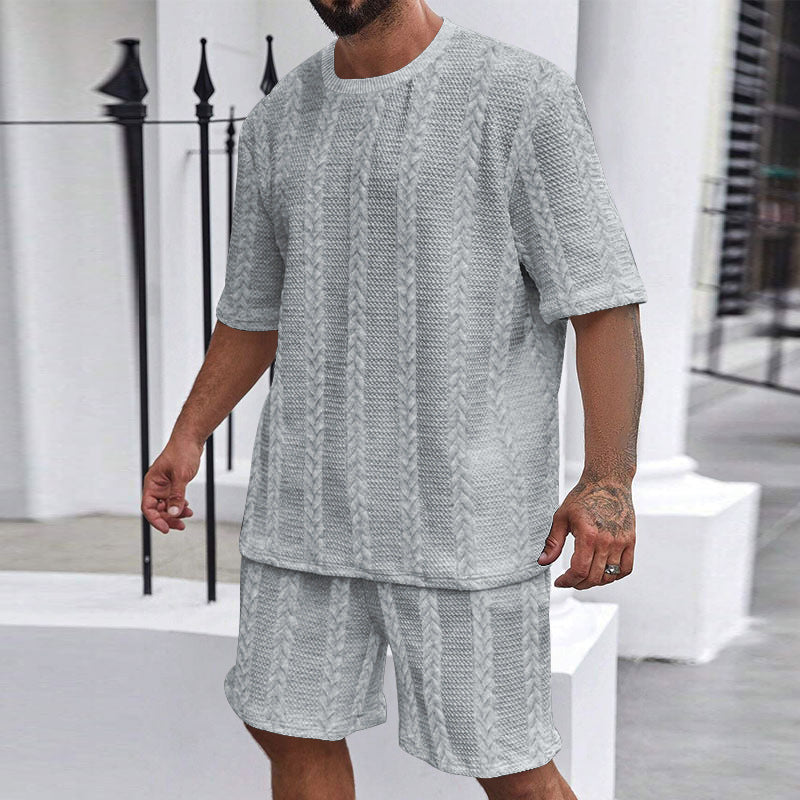 Herren nan afslappet fletningstrik fritids sæt med bred kortærmet t-shirt og elastiske Bermuda shorts