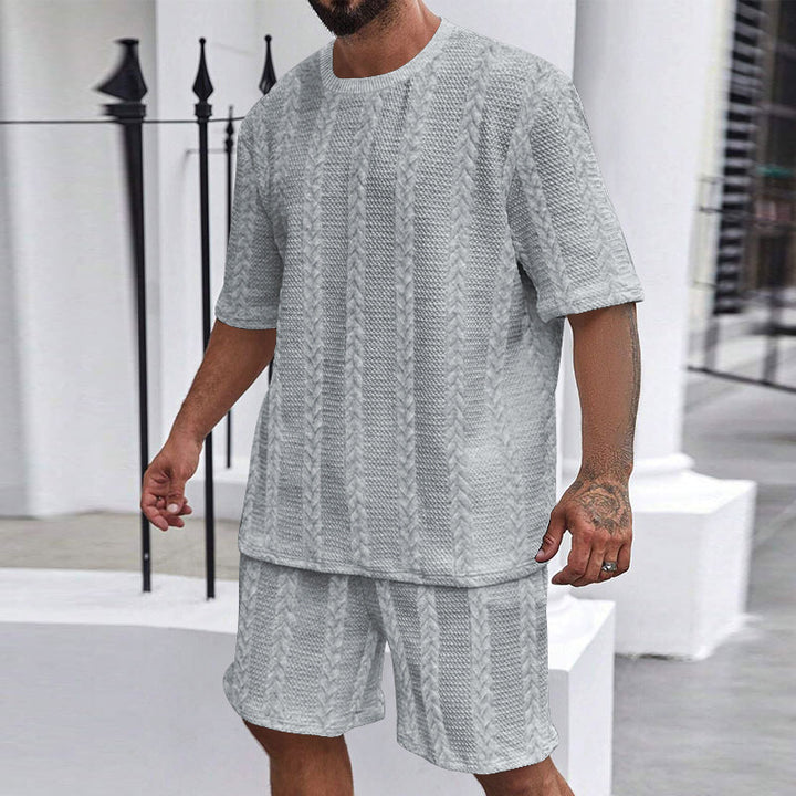 Herren nan afslappet fletningstrik fritids sæt med bred kortærmet t-shirt og elastiske Bermuda shorts