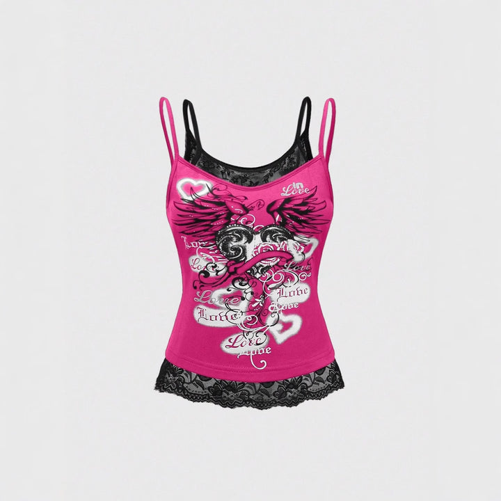Dame Spids Cami Top med Grafisk Print Skovae