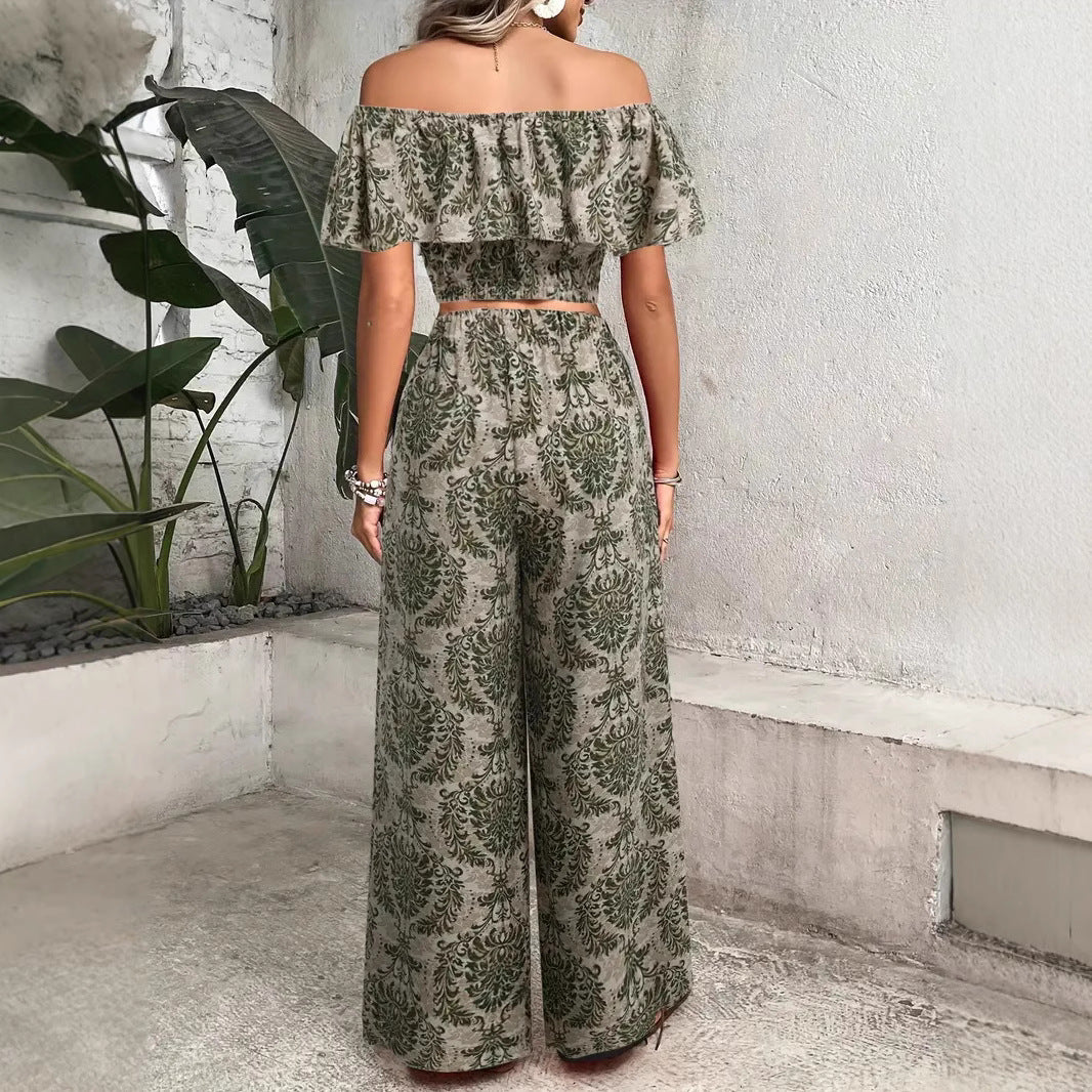 Dame To-delt Sommer-outfit med off-shoulder top og bred buksebund Stilla