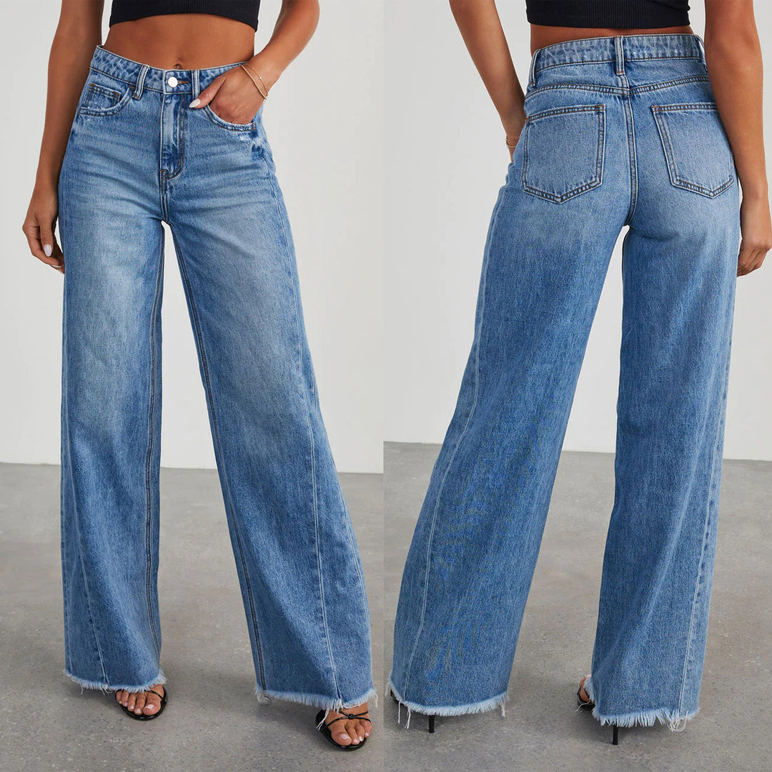 Dame Bredskårne jeans med frynset kant i vintage-stil Stilla