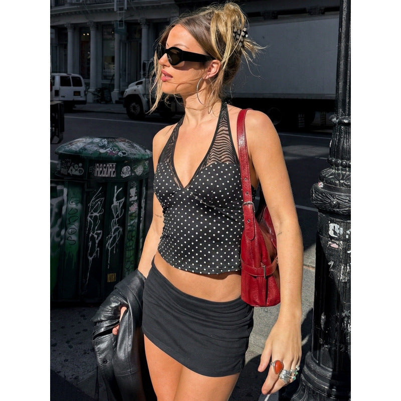 Damen Polka-Dot Top mit V-Ausschnitt und spezifischem Schnitt Skovae
