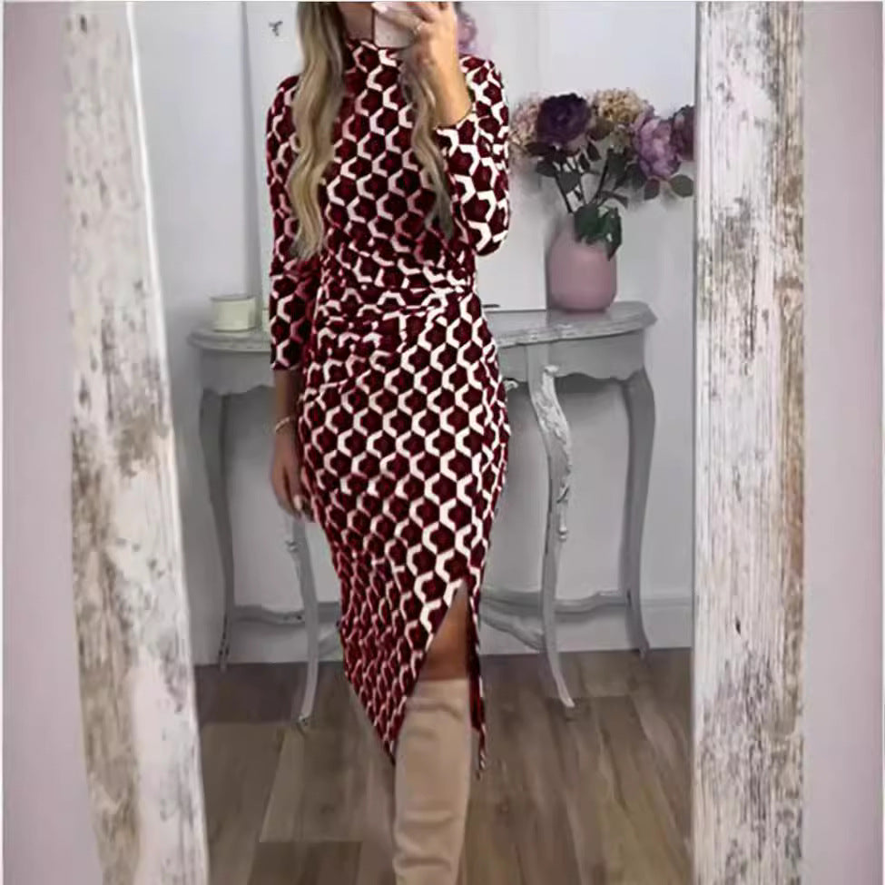 Dame nan smalt skåret midikjole med geometrisk print, gathered talje og asymmetrisk slids Skovae