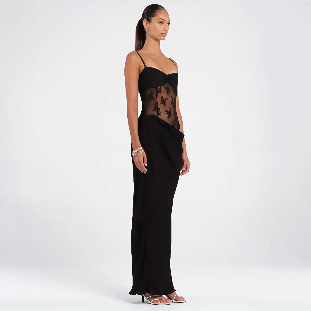 Dame Elegant Maxikjole med transparente spidsedetaljer og tætsiddende snit Skovae