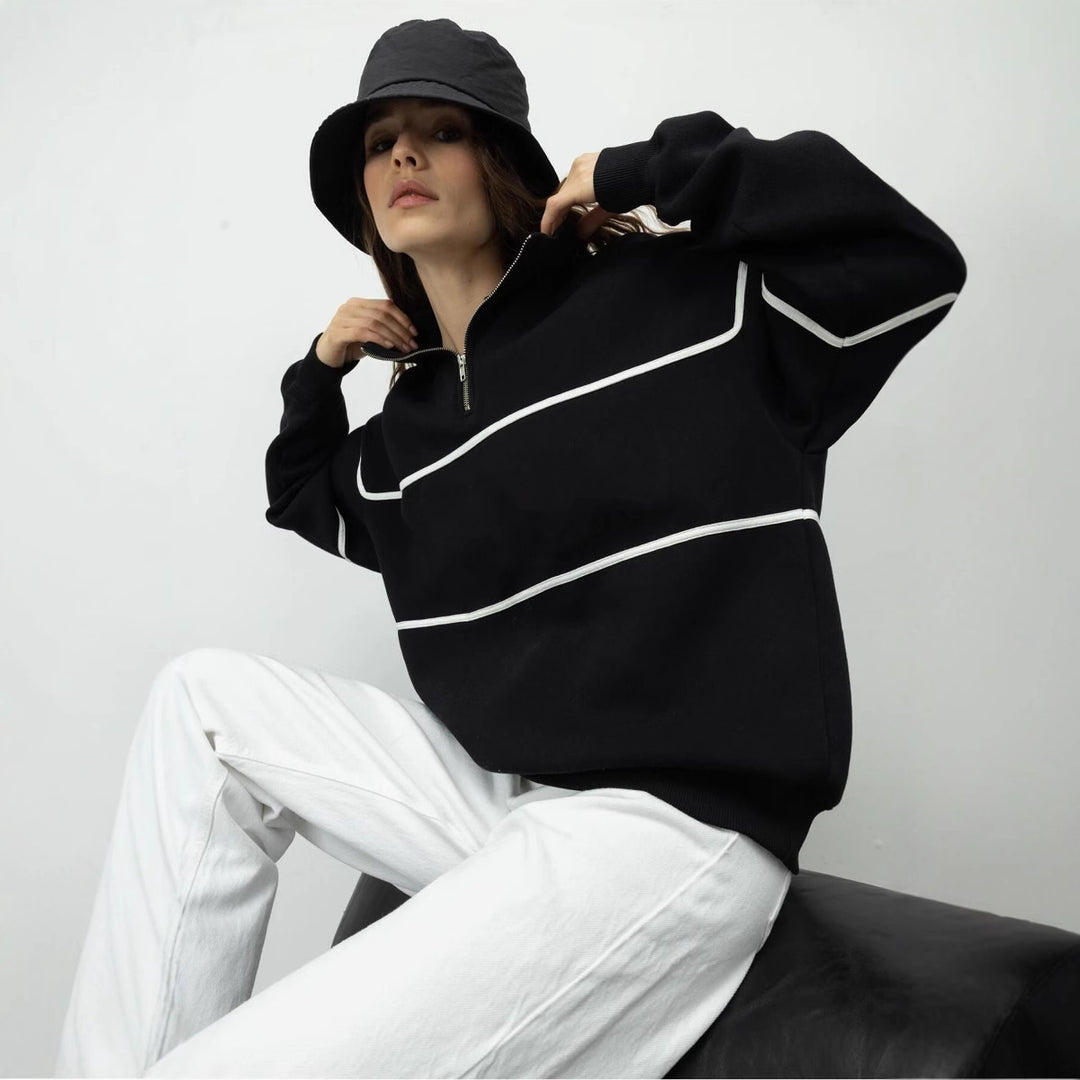 Kvinder Oversized Hoodie med Lynlås og Stribet Mønster Skovae