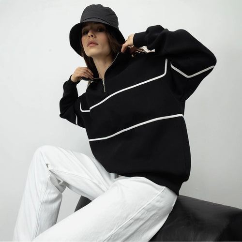 Kvinder Oversized Hoodie med Lynlås og Stribet Mønster Skovae
