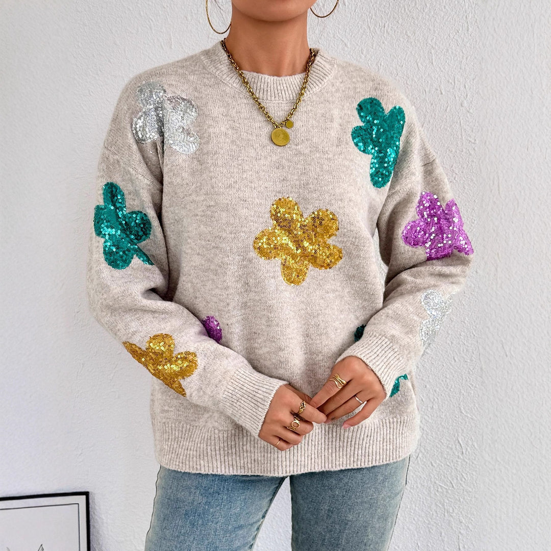 Kvindernes glitrende oversized sweater med blomstermotiv Stilla