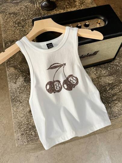 Dame ærmeløs tanktop med glad kirsebærmotiv Skovae