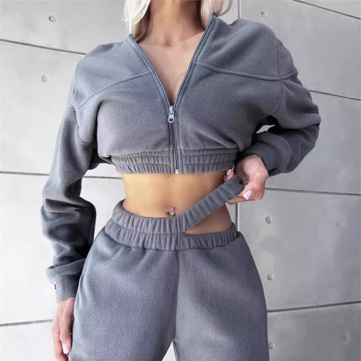 Kvinders sporty fleece crop top og joggingbukser sæt Skovae