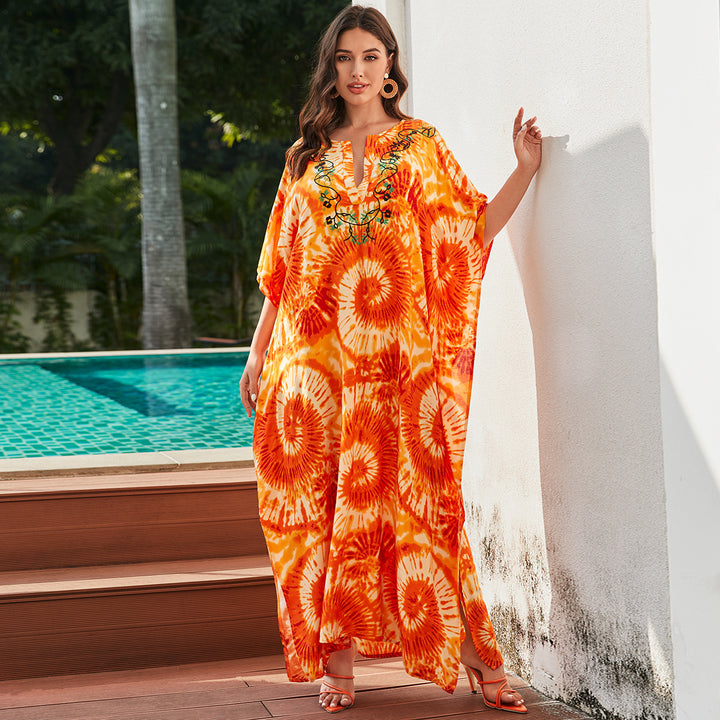 Dame Kaftankjole med kunstnerisk Tie-Dye-mønster og elegant V-udskæring Stilla