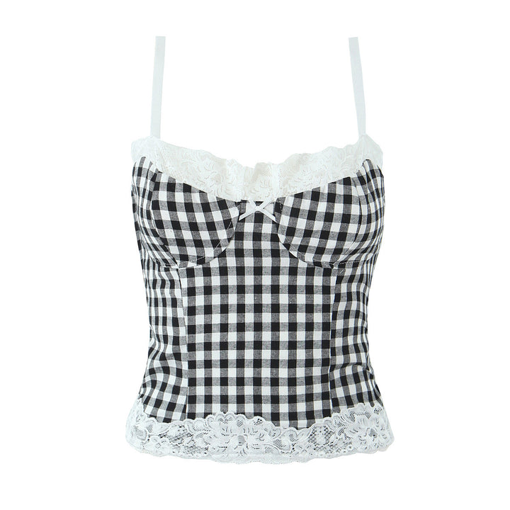 Dame Spaghetti-top med floral blonde detaljer og ternet design Stilla