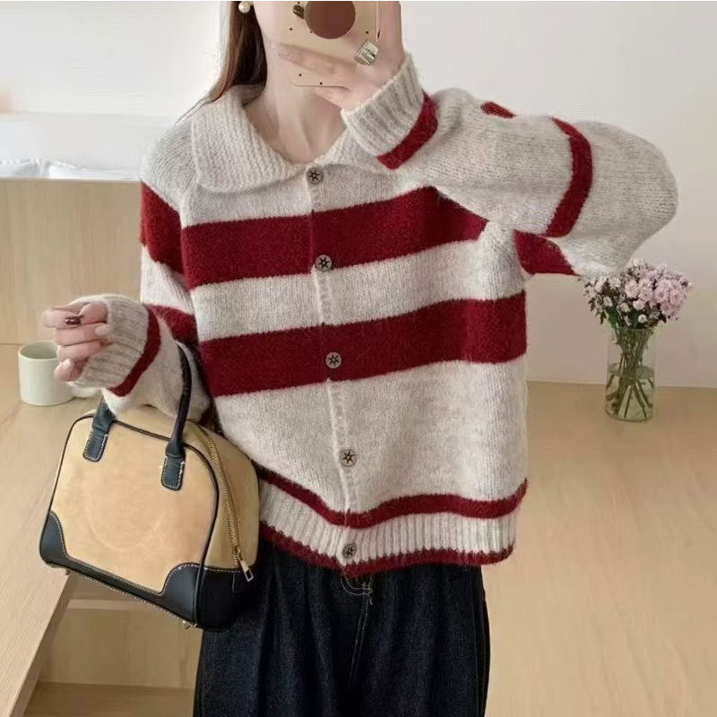 Dame cardigan med brede striber og feminin krave Stilla