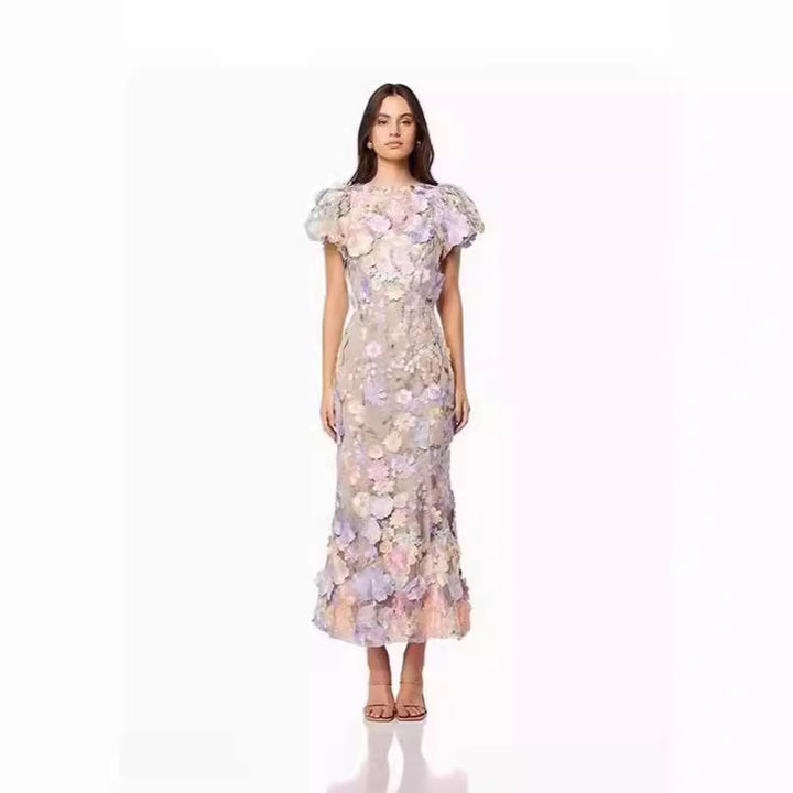 Dame blomsterkjole med 3D-blomsterapplikationer Stilla