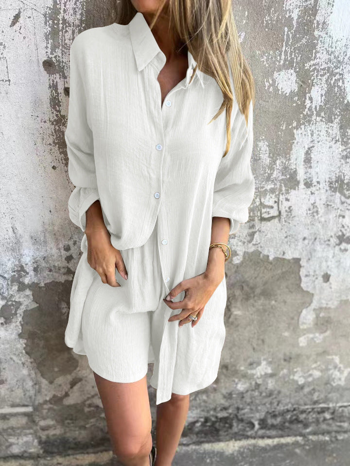 Dame Løs Bluse-Shorts-Sæt med Oversized Snit og Luftig Struktur Skovae