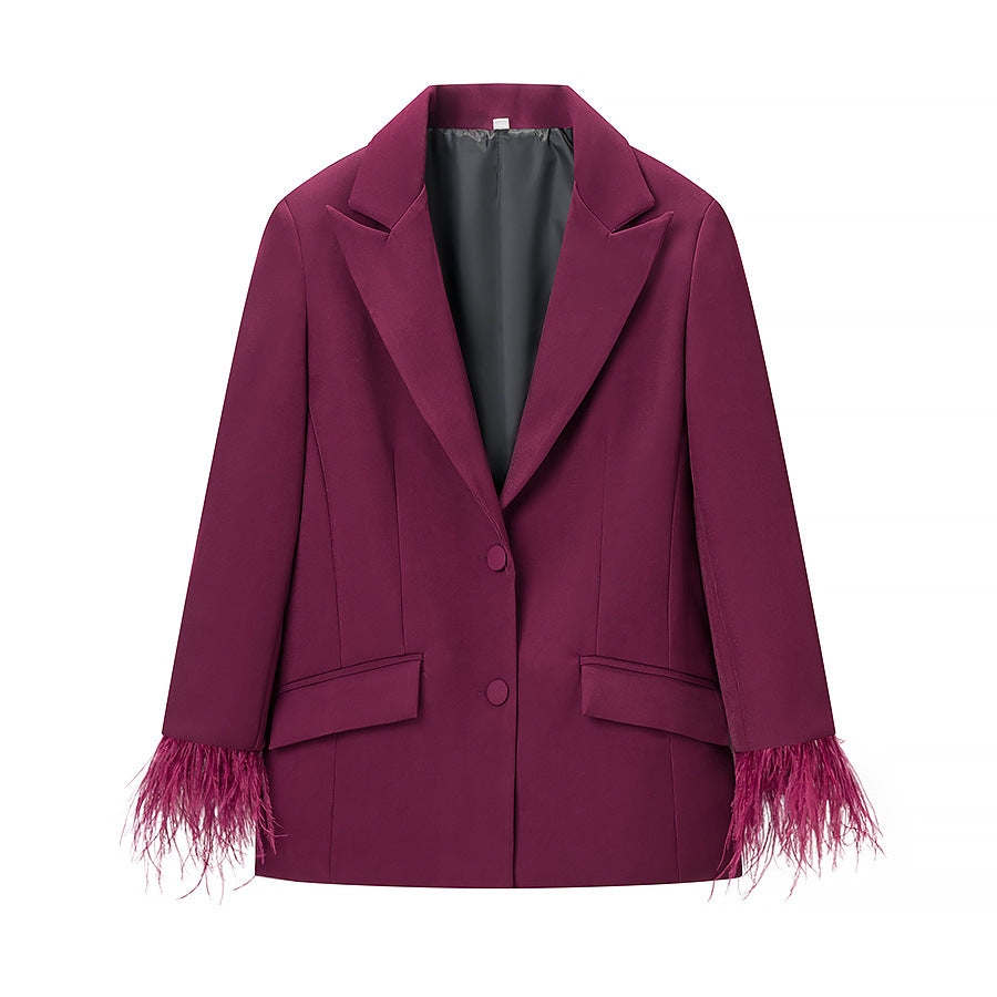 Dame Mode Blazer Jakke med iøjnefaldende Fjer Trim Stilla