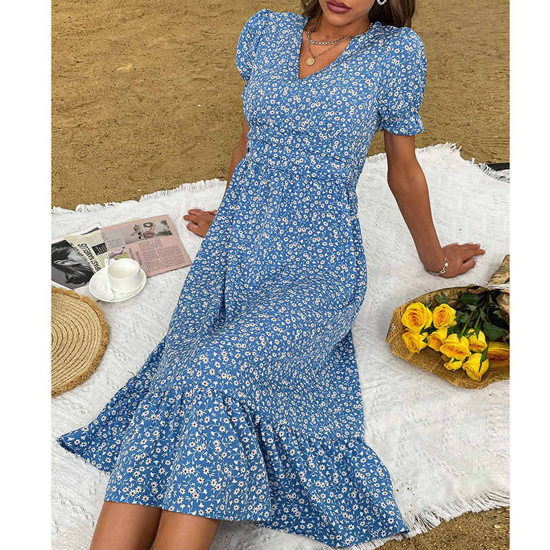 Dame Floral Print Viskestofkjole med Flæsekanter Stilla