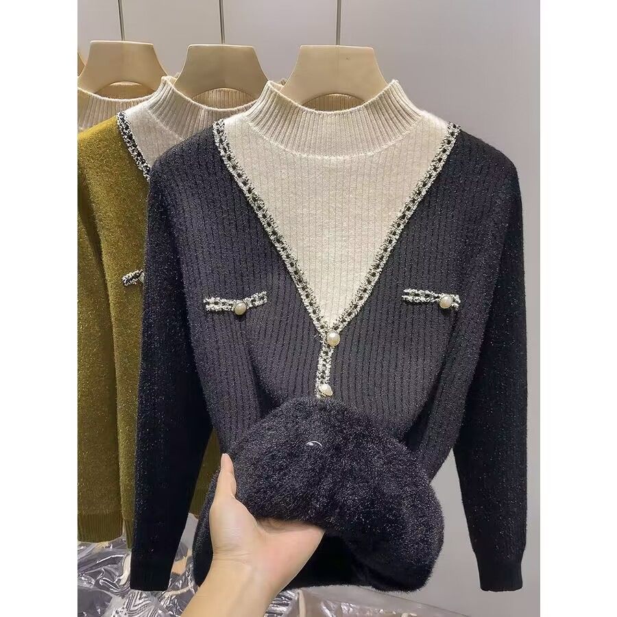 Dame mode V-hals pullover med glimmerdetaljer og knapper Stilla