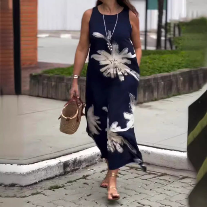 Dame Maxikjole med blomsterprint og sidelommer Stilla