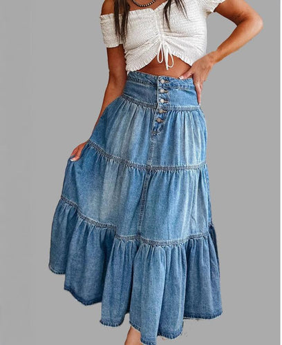 Dame lang denim-nederdel med flæser og knapdetalje Stilla