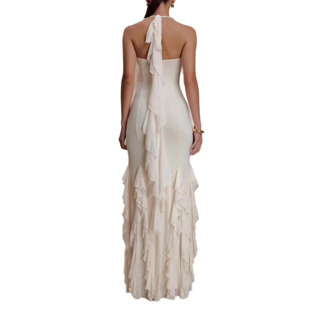 Dame Elegant Langærmet Maxikjole med Ruffles Detaljer Skovae