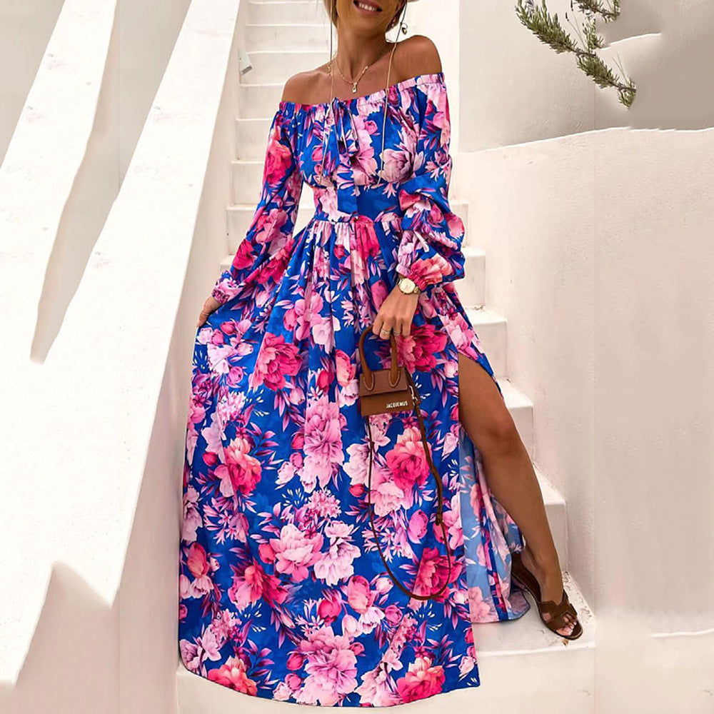 Dame Maxi-kjole med tropisk blomsterdesign og skulderfri design Stilla