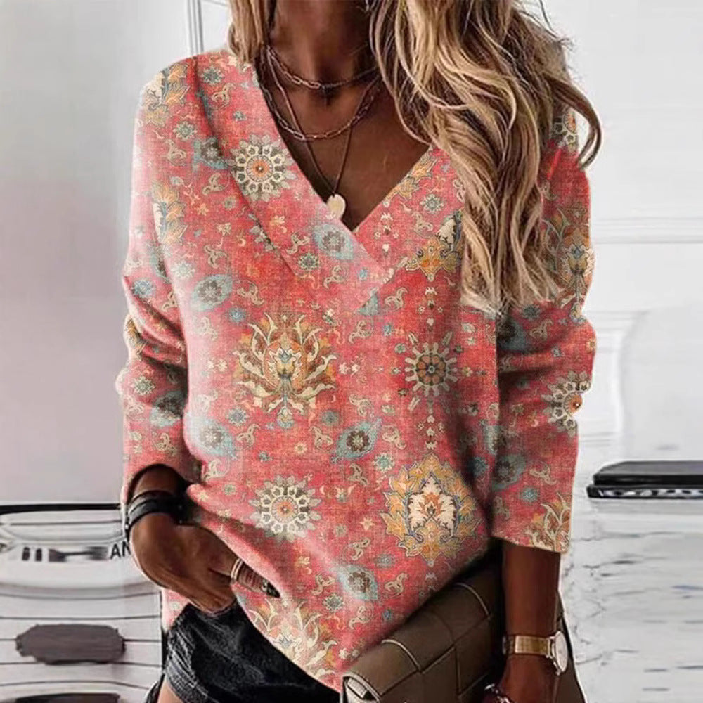 Dame V-hals sweater med blomsterprint Stilla