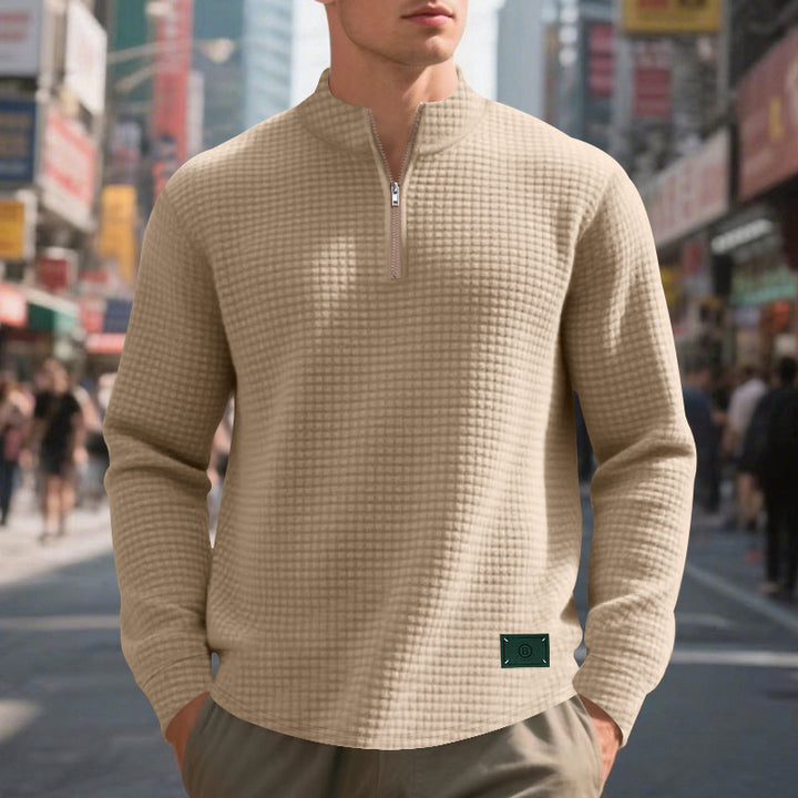 Herren nan lette vaffelstrik pullover med kort krave lynlås og rundet kant Skovae