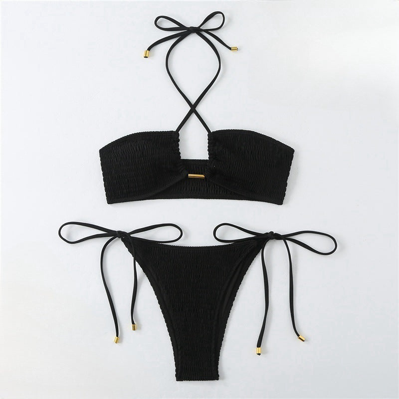 Dame Bikini-sæt med smock bandeau-top og højt skårne trusser Skovae