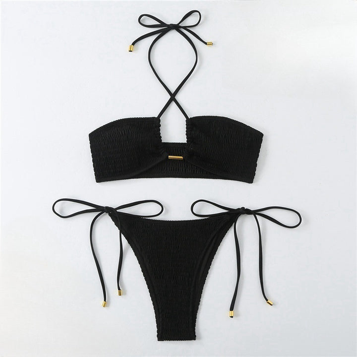 Dame Bikini-sæt med smock bandeau-top og højt skårne trusser Skovae