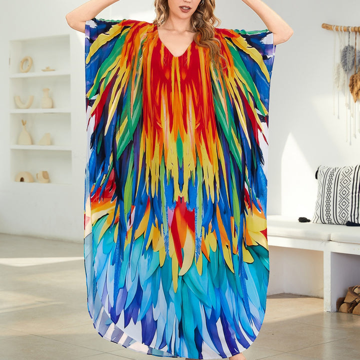 Dame Kaftan med kunstnerisk etno-mønster og elegant V-udskæring Stilla
