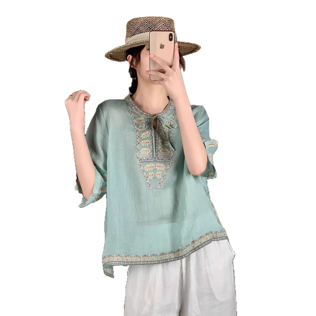 Femme Broderet Sløjfebluse Stilla