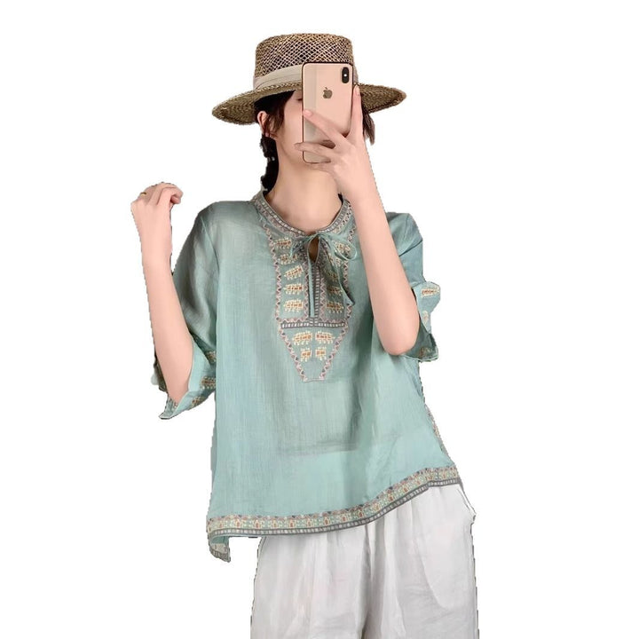 Femme Broderet Sløjfebluse Stilla