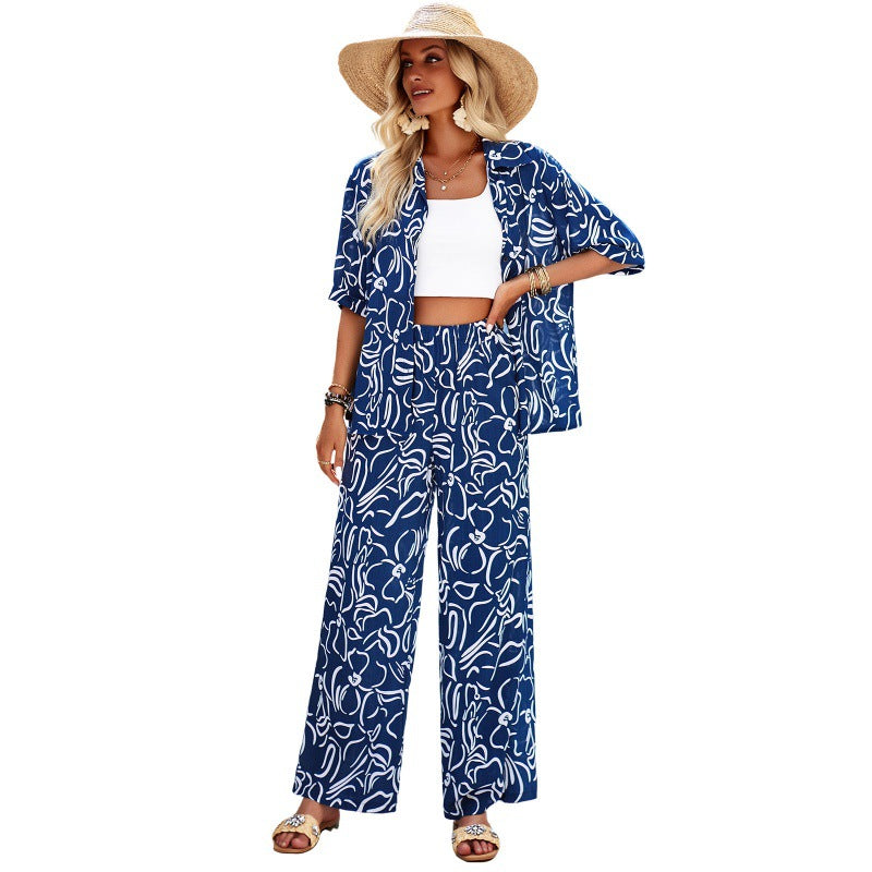 Dame Luftig Sæt bestående af cropped top med mønstret kimono og bred bukser Stilla
