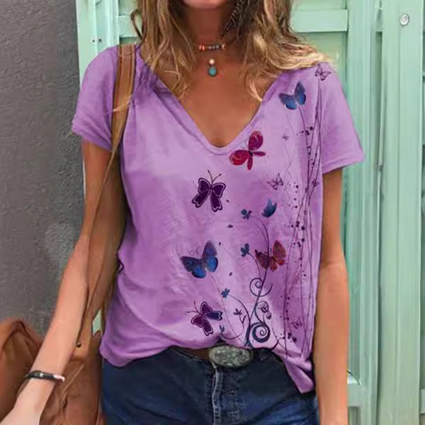 Dame V-hals sommerfugl tryk T-shirt Stilla