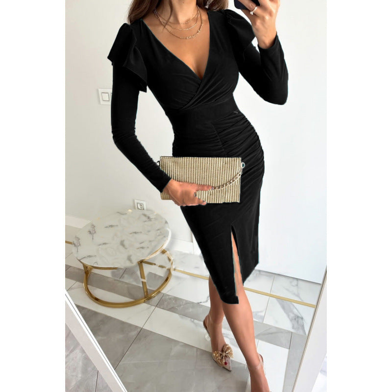 Damer Elegante Langærmet Bodycon Kjole med Flæse Detalje Stilla