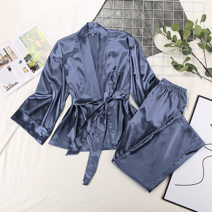 Dame Satin Pyjamas Sæt med elegant Kimono Overdel og brede Bukser Stilla